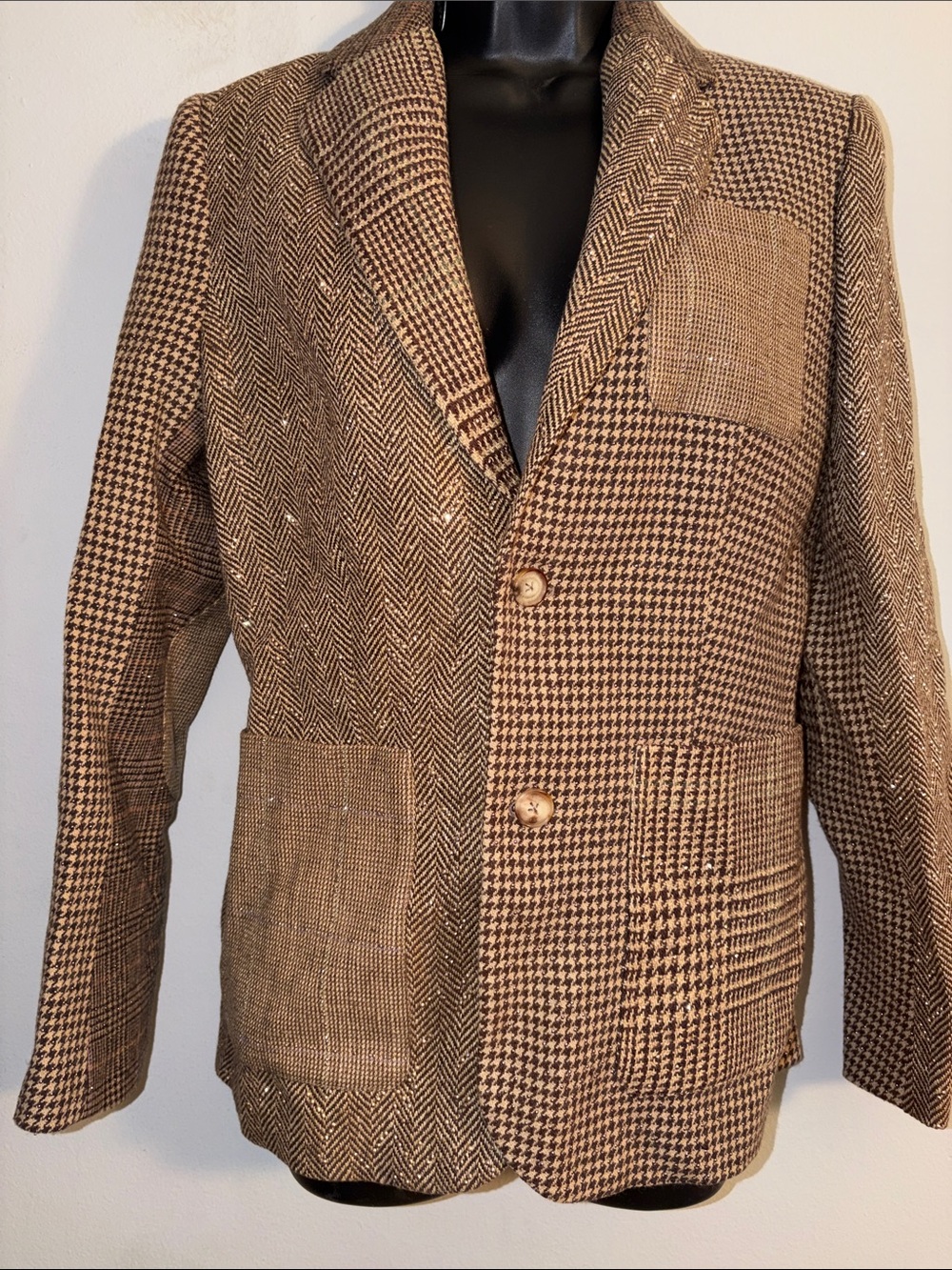 Ralph Lauren Purple Label Brown Patchwork Houndstooth & Herringbone Blazer
